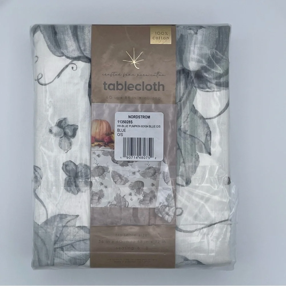 Nordstrom Tablecloth 100% Cotton Fall Harvest Pumpkins White Gray NEW NWT N198